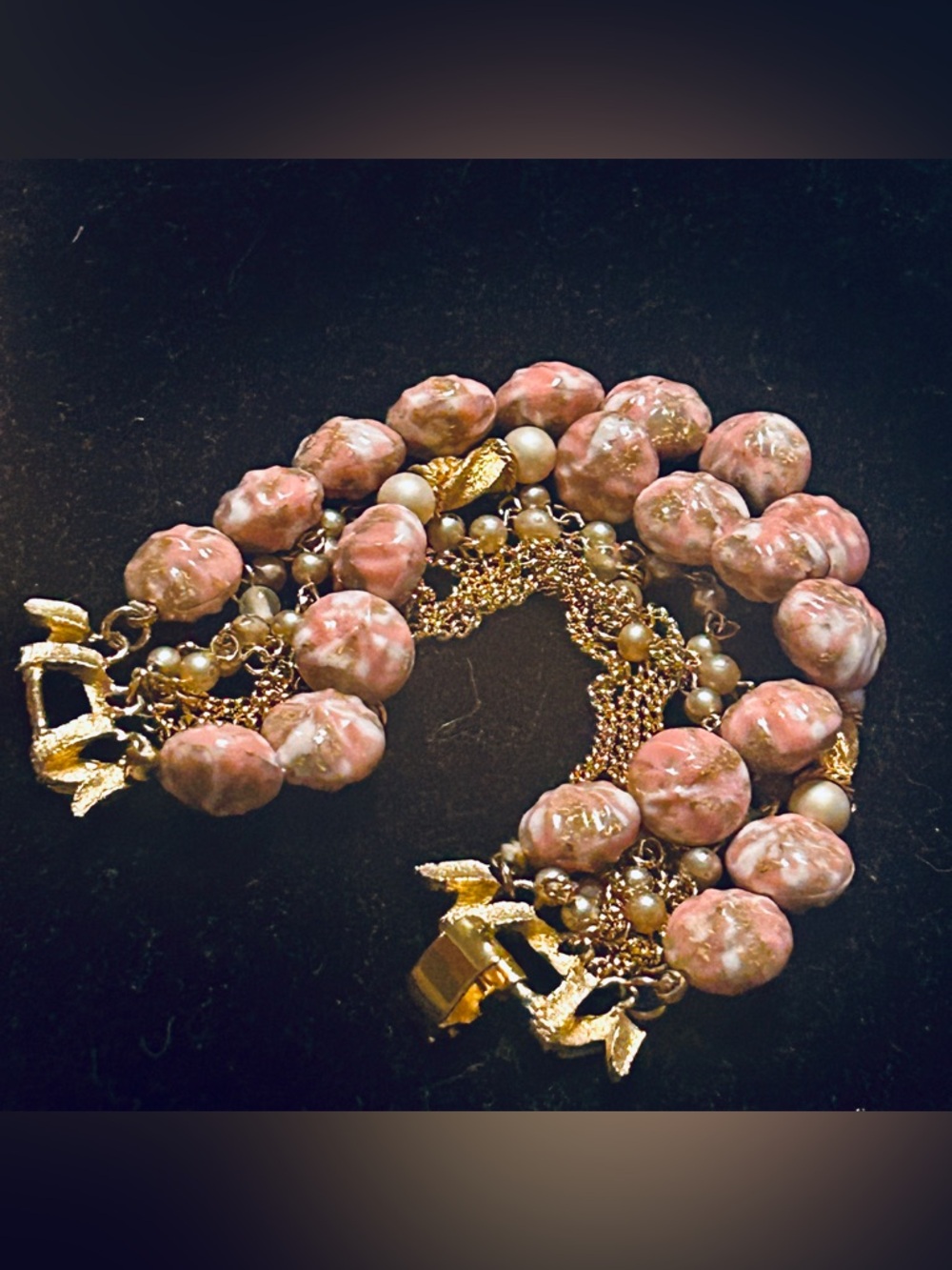 KRAMER Bracelet Pink Beads Gold Chain W Pearls 7 Strand VINTAGE